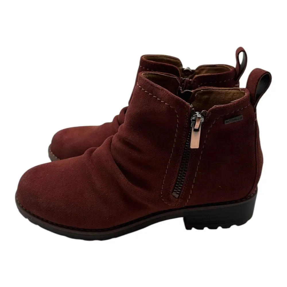 Clarks Aspra Walk Boot Women 6.5 Chestnut Brown Suede Side Zip Bootie Waterproof